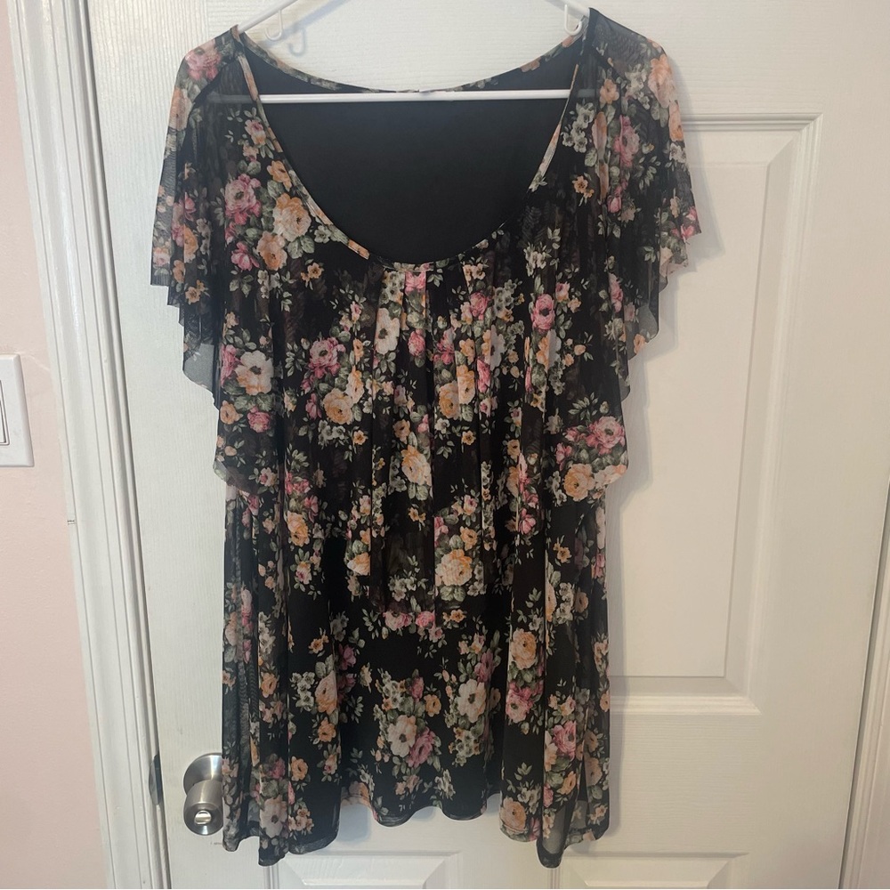 NSR Black Floral Blouse with Mesh Overlay
